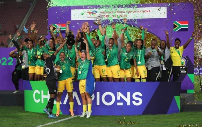 A969922B 2426 49F4 B0B9 290F35ADF469 Scaled Banyana Banyana players celebrate after winning the 2022 Women's Africa Cup of Nations (@CAFWomen)