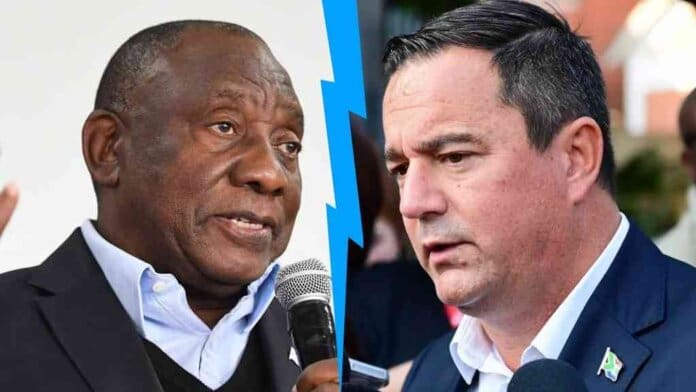 President Cyril Ramaphosa and DA leader John Steenhuisen Cyril Ramaphosa and John Steenhuisen separated by a crack, representing the breakdown in the Government of National Unity.