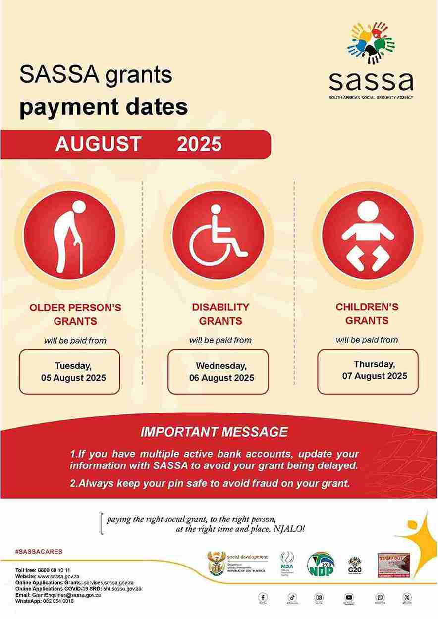 This is a poster of SASSA payment dates for August