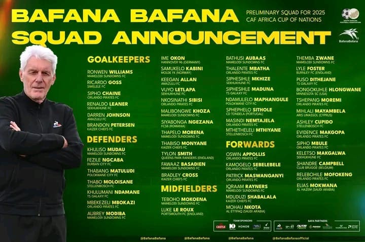 Bafana Bafana Preliminary Squad Ahead Of AFCON 2025 Bafana Bafana preliminary squad ahead of AFCON 2025