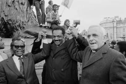 Oliver Tambo, Rev Jesse Jackson And Father Trevor Huddleston At Anti Apartheid Protest In Trafalgar Square, London, On 2nd November 1985. (Photo By Richard Baker) Oliver Tambo, Rev Jesse Jackson and Father Trevor Huddleston at anti Apartheid Protest in Trafalgar Square, London, on 2nd November 1985. (Photo by Richard Baker)